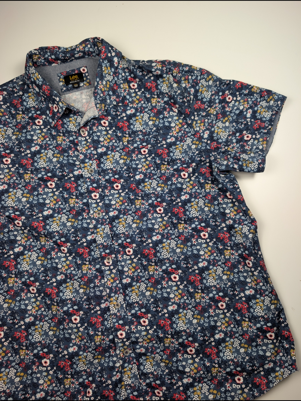 Lee Mens XXL Floral Short Sleeve Button Up Shirt Blue Red Cotton Regular Fit